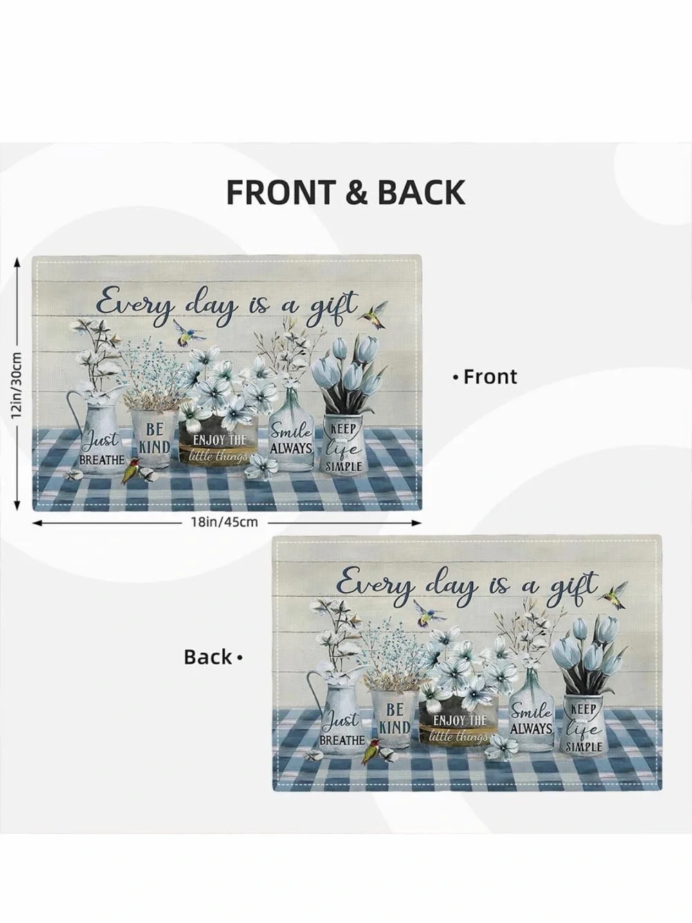 Set of 4 Farmhouse Floral Placemats 18x12 Blue Gingham